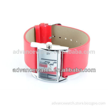 2016 fashion custom unisex square quartz wrist watch with red strap.Japan movement.